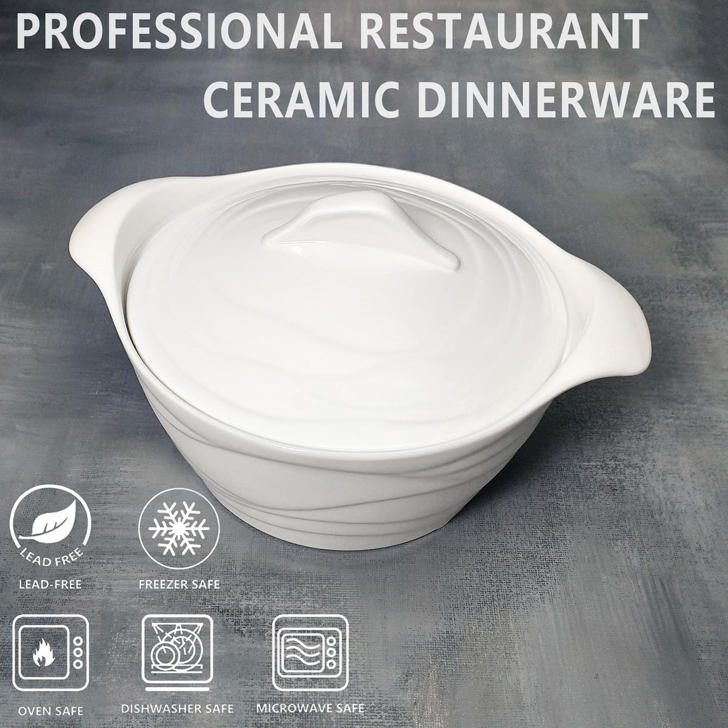 Casserole Dish 31.8 ounce French White Ceramic Bakeware Set with Lids, Chip and Crack Resistant Stoneware Baking Dish, Microwave, Dishwasher, Oven, Freezer and Fridge Safe (8.7 Inch)