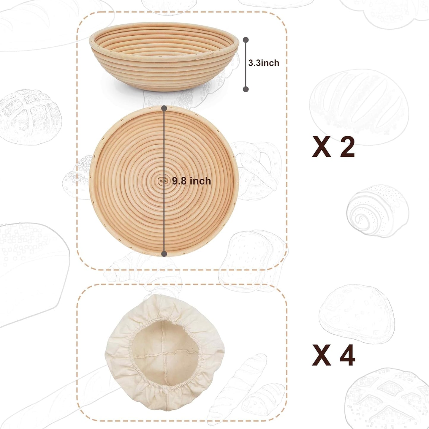 Banneton Bread Proofing Basket set of 2, 9.8 Inch Round Sourdough Proofing Baskets with Liner,Dough Proofing Bowls,Made of Natural rattan,for Sourdough Bread Baking Supplies