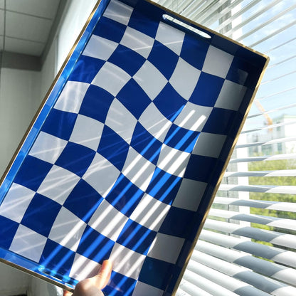 Zosenley Decorative Tray, Marbling Plastic Tray with Handles, Rectangular Vanity Tray and Serving Tray for Bathroom, Kitchen, Ottoman Tray and Coffee Table, 15.6" x 10.2" (Blue and White Checkered)