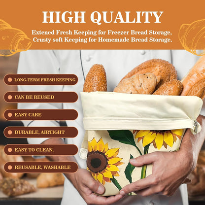 Beeswax Bread Bags for Sourdough 2 Pack 13"x17" Eco-Friendly Reusable Linen Cotton Storage Bags with Zipper Closure for Homemade Bread Fresh-Keeping, Freezer-Safe Sunflower
