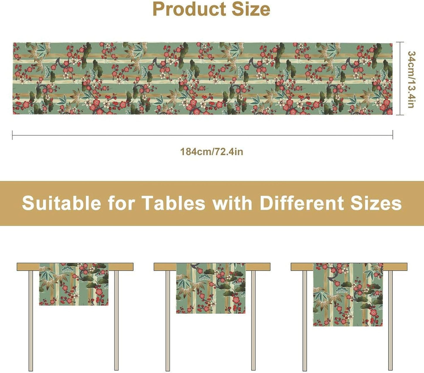 Bamboo Plum Blossom Table Runner, Chinese Janan Style Oriental Plants Traditional Culture Colorful Table Runner for Study Living Room Kitchen Bedroom Home Set, 13x120 Inch
