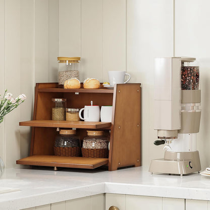 Vintage Double Layer Bread Box for Kitchen Counter Bamboo Bread Storage Container Large Capacity Bread Storage Bin
