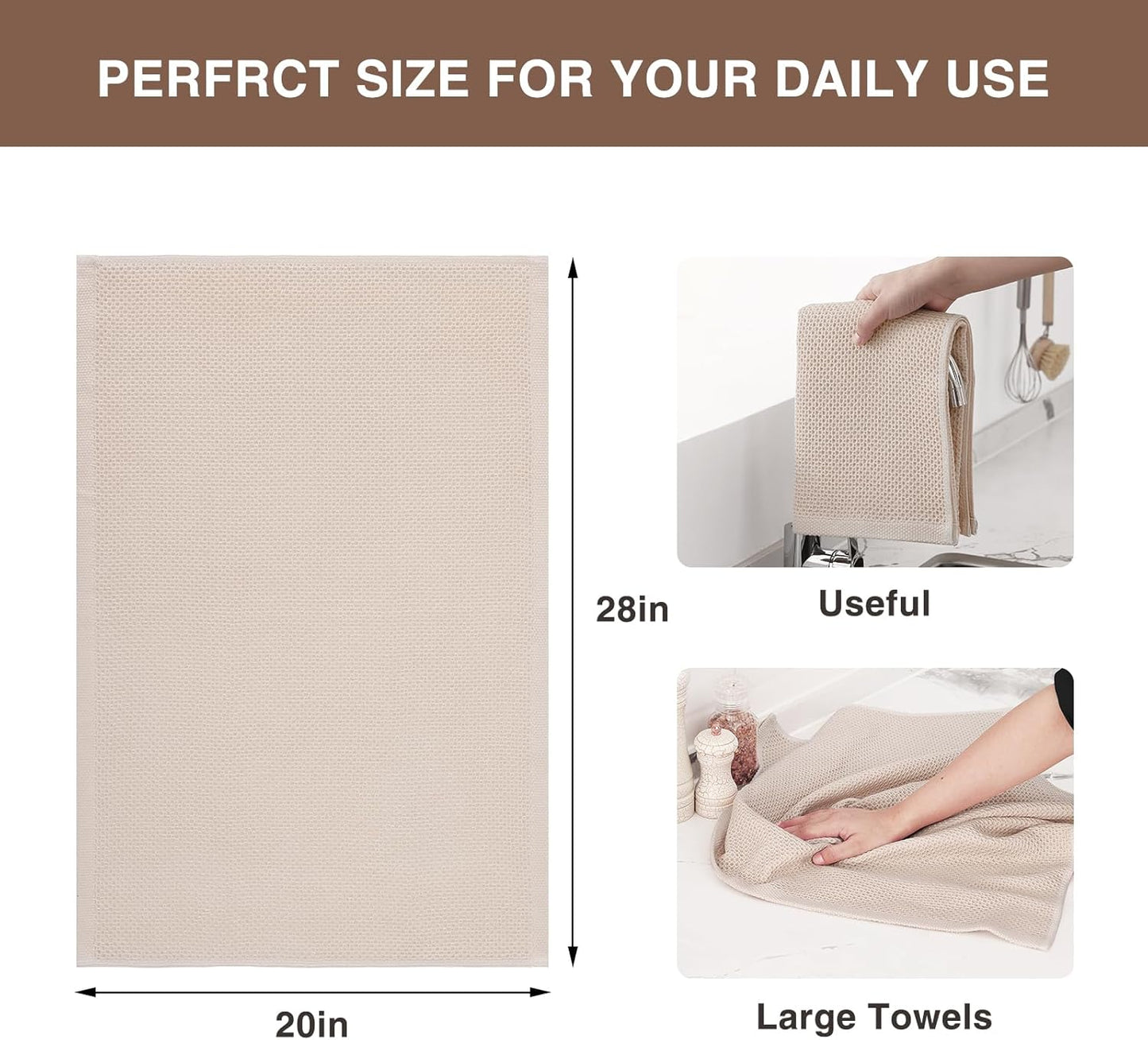 Homaxy 100% Cotton Waffle Weave Kitchen Dish Towels, Ultra Soft Absorbent Quick Drying Cleaning Towel, 20x28 Inches, 6-Pack, Beige