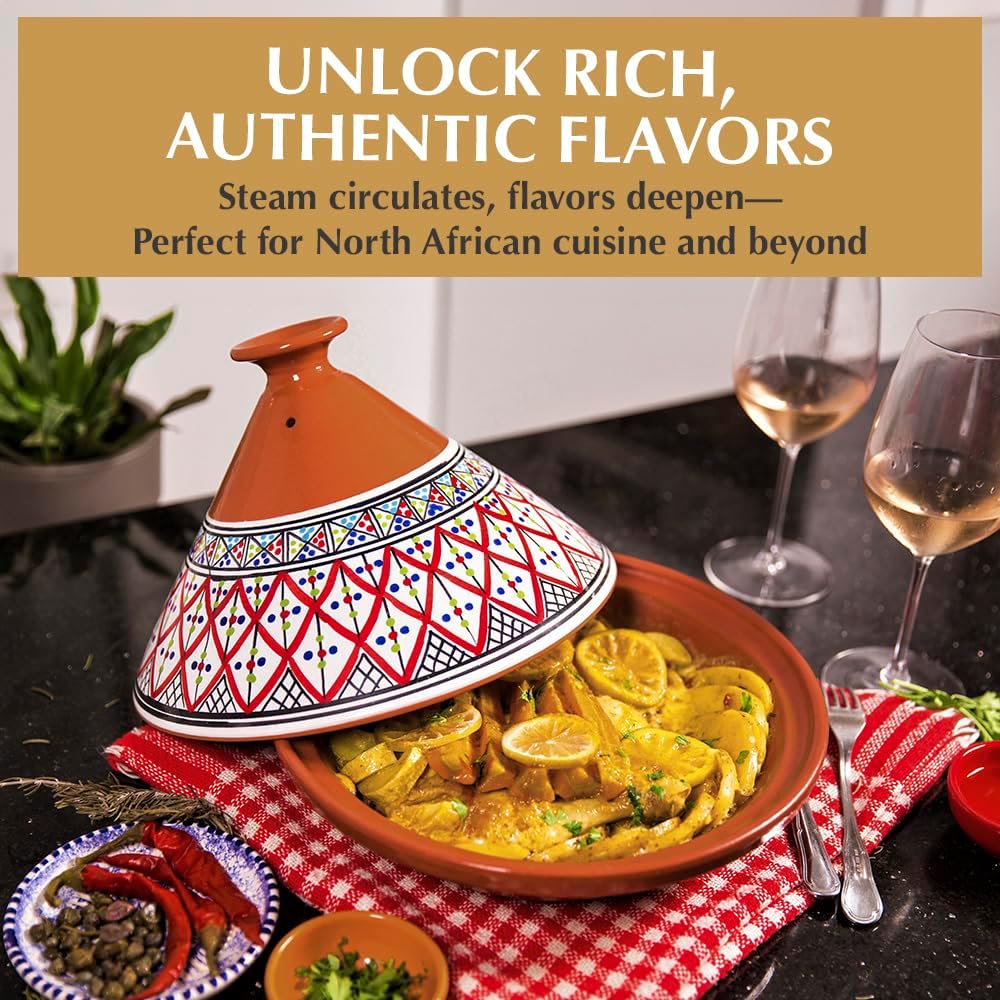 Kamsah Tagine Pot for Cooking and Flavor Enrichment - Large Clay Pot 12”, 5.5 QT - Non-Stick Handmade Cookware - Moroccan Ceramic Pots for Cooking with Lid & Serving Bowl - Bohemian Supreme Red