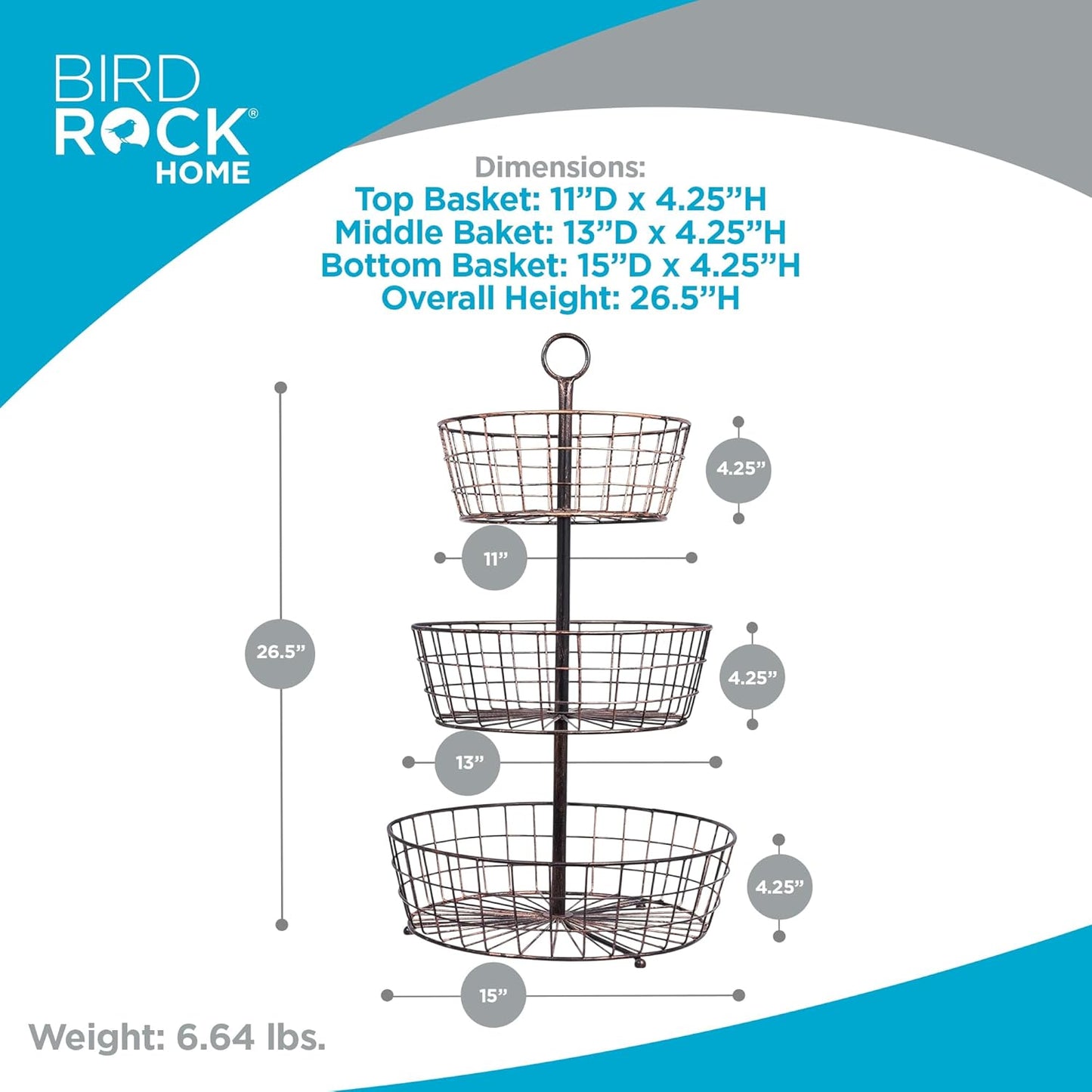 BIRDROCK HOME 3 Tier Wire Fruit Basket | Round Metal Standing Baskets | Fruit Vegetable Garlic Caddy | Freestanding Rustic Decorative Basket