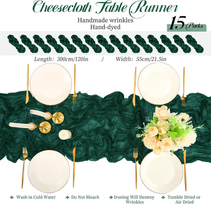 15 Packs Cheesecloth Table Runner Emerald Green,10 Ft Dark Green Rustic Gauze Boho Wedding Table Runner Decoration, Wedding Table Decor for Wedding Party Bridal Shower Table,21.5x120in