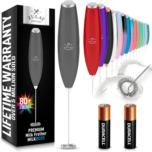 Zulay Kitchen Milk Frother Handheld Electric Whisk with AA Duracell Batteries – Durable Drink Mixer for Coffee, Lattes, Cappuccinos & More - Charcoal