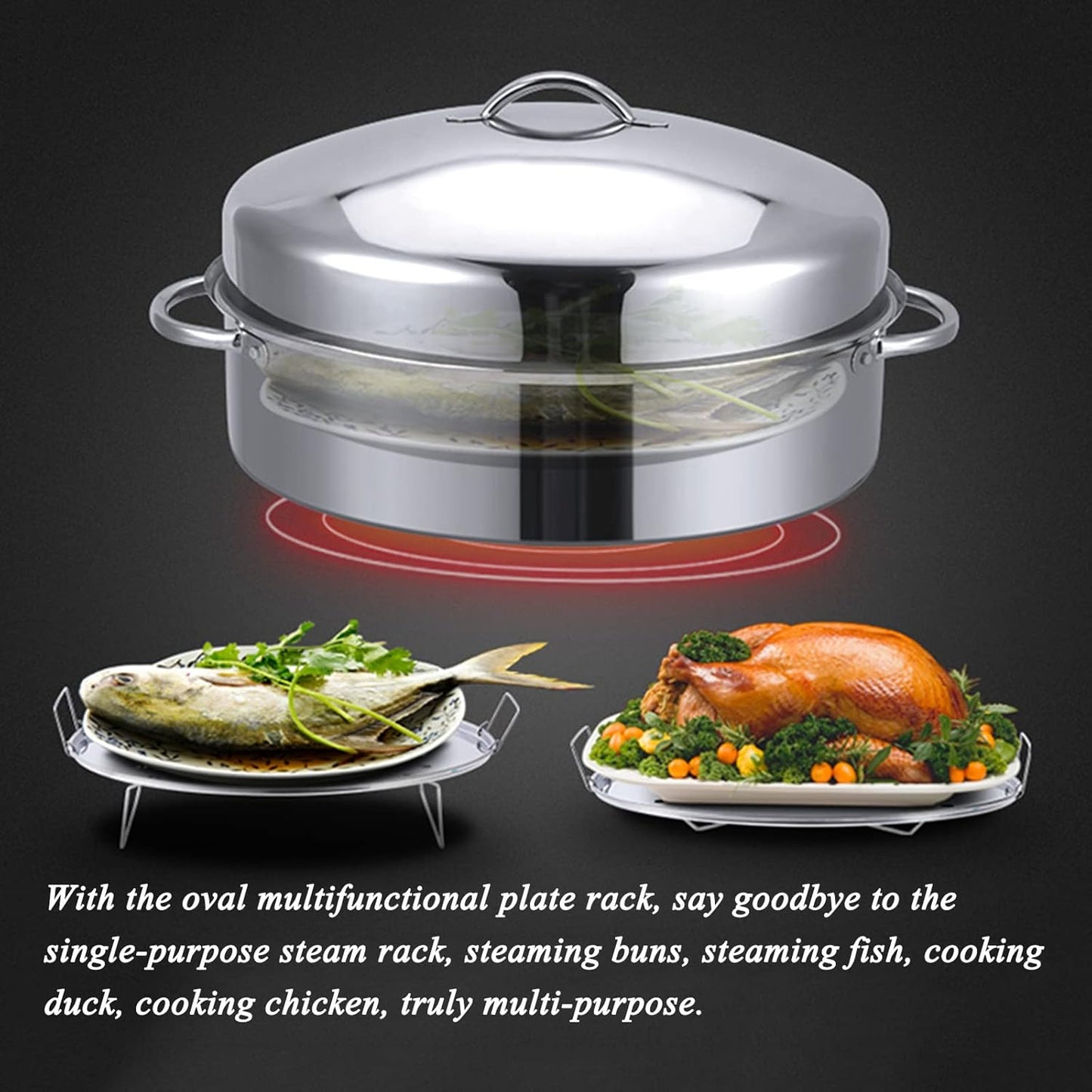 Stainless Steel Oval Roaster Pan, Serving Platter Cookie Trays Dish, Dishwasher & Oven use, Covered Turkey Roasting Pan for Cooking Chicken, Fish, Lasagna