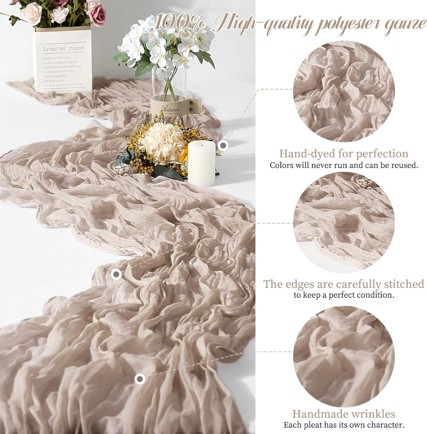 15 Packs Cheesecloth Table Runner - Grey, 10 Ft Brown Grey Rustic Gauze Boho Wedding Table Runner Decoration, 21.5x120in