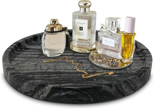 Travertine Tray, Small Ceramic Vanity Tray for Bathroom Counter Decor, Round Marble Decorative Trays for Coffee Table (Grey Black, Large Size)