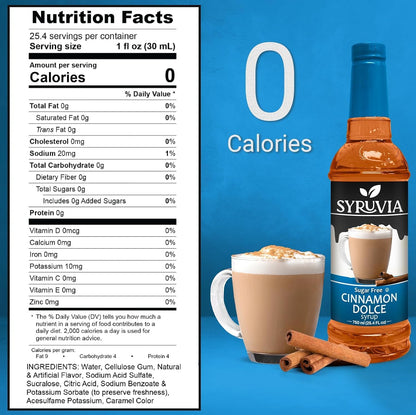 Syruvia Sugar Free Coffee Syrup, Cinnamon Dolce Flavored Syrup for Drinks, Lattes, and Desserts – 25.4 fl oz