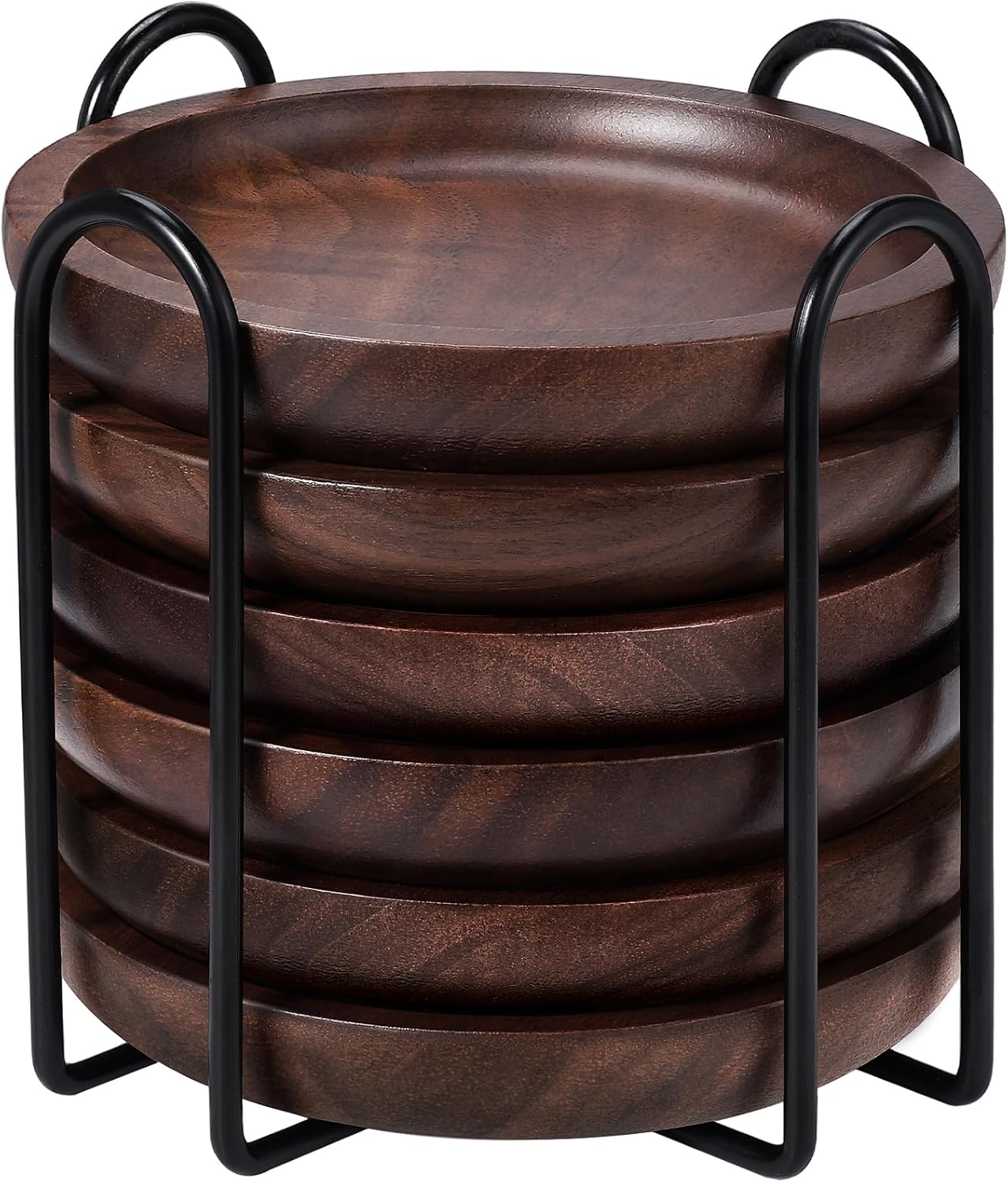 Wood Coasters Set of 6 with Holder for Drinks, MAPRIAL 4 Inch Gorgeous Wooden Coasters 100% Natural Walnut with Anti-Scratch Backing for Coffee Table, Gifts, Wedding, Party