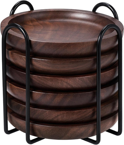 Wood Coasters Set of 6 with Holder for Drinks, MAPRIAL 4 Inch Gorgeous Wooden Coasters 100% Natural Walnut with Anti-Scratch Backing for Coffee Table, Gifts, Wedding, Party