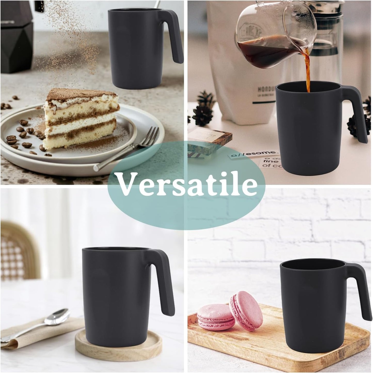 Wrova 16oz Wheat Straw Cups with handles set of 6-Plastic Cups Reusable-Unbreakable Kids Mugs-Dishwasher Safe & Microwave Safe-Ideal Plastic Mugs for Tea,Coffee,Camping,RV-Black