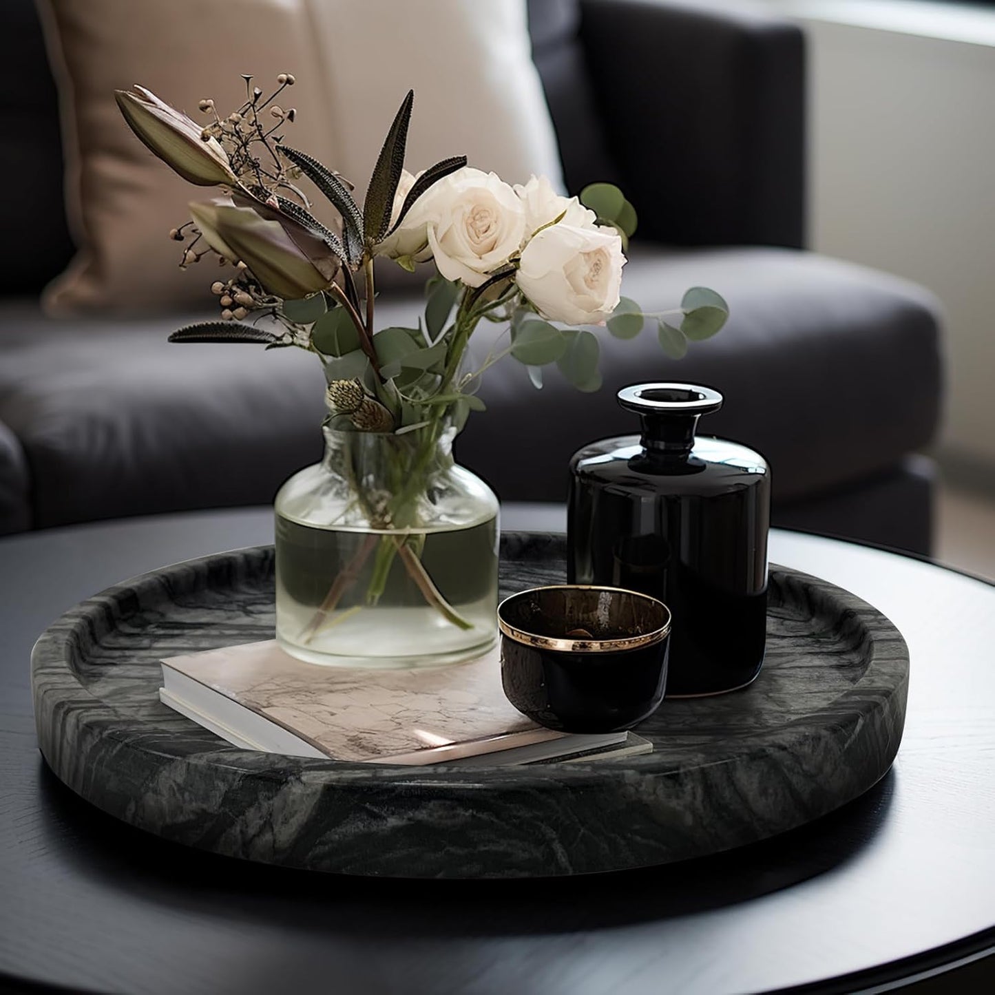 Travertine Tray, Small Ceramic Vanity Tray for Bathroom Counter Decor, Round Marble Decorative Trays for Coffee Table (Grey Black, Large Size)