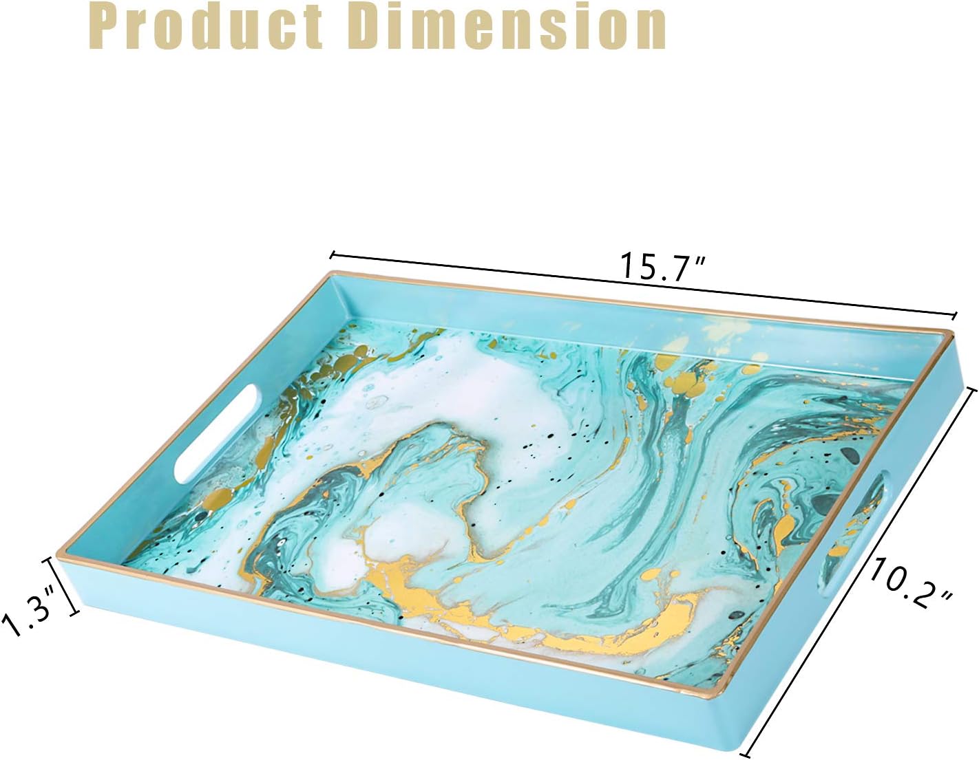 Zosenley Decorative Tray, Marbling Plastic Tray with Handles, Rectangular Vanity Tray and Serving Tray for Bathroom, Kitchen, Ottoman and Coffee Table, 15.6" x 10.2" (Golden Blue)