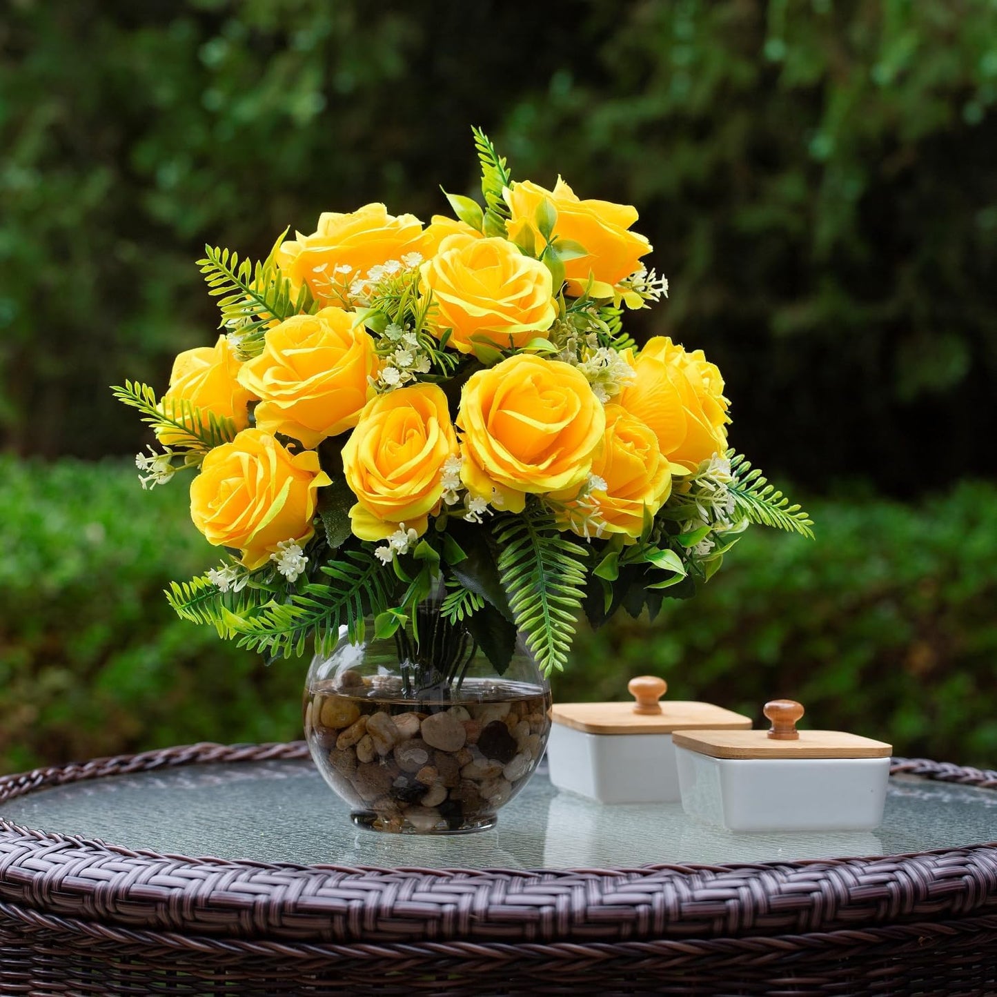 ENOVA FLORAL 18 Heads Silk Rose Artificial Flowers in Vase,Faux Rose Flowers Arrangement in Round Bowl Vase with Faux Water and River Rock for Table Decor Centerpieces (Yellow)
