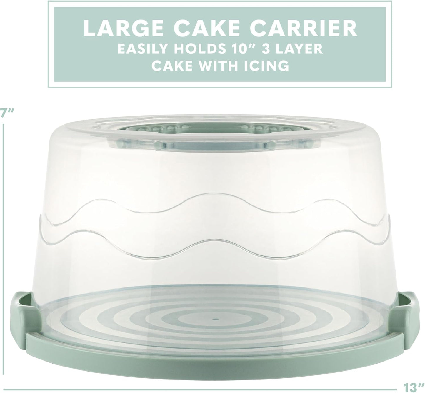 EXTRA LARGE & EXTRA STURDY Cake Carrier, Cake Stand with Lid and Foldable Handles - Multifunctional Serving Platter and Cake Plate - Cake Container with Dome and Strong Snaps 13 x 13 x 7 inch (Green)