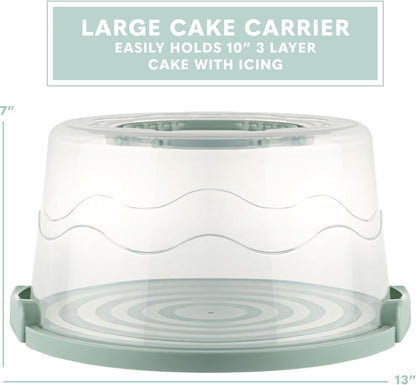 EXTRA LARGE & EXTRA STURDY Cake Carrier, Cake Stand with Lid and Foldable Handles - Multifunctional Serving Platter and Cake Plate - Cake Container with Dome and Strong Snaps 13 x 13 x 7 inch (Green)