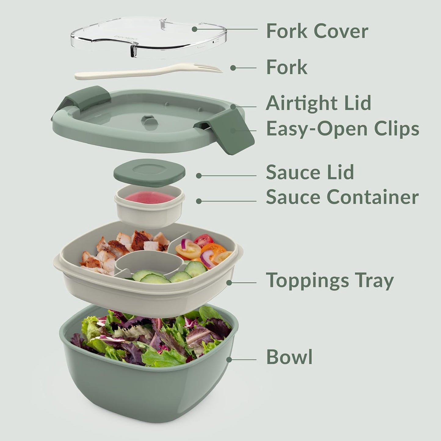 Bentgo Salad Container - 54 oz Bowl with 4-Compartment Toppings Tray, Leak-Proof Dressing Container, Reusable Fork, BPA-Free Lunch Box for Meal Prep & Food Storage; Removable Bento Tray (Khaki Green)