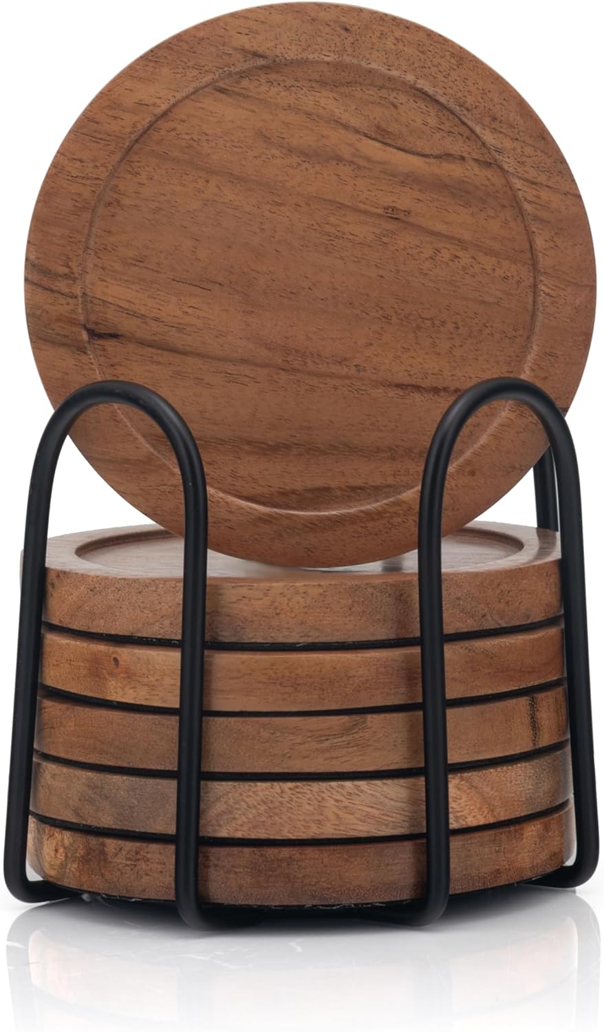Wooden Coasters Set of 6 with Metal Holder – Round Natural Wood Drink Coasters for Hot & Cold Beverages – Non-Slip & Reusable Coasters for Coffee Table, Home, Office & Bar