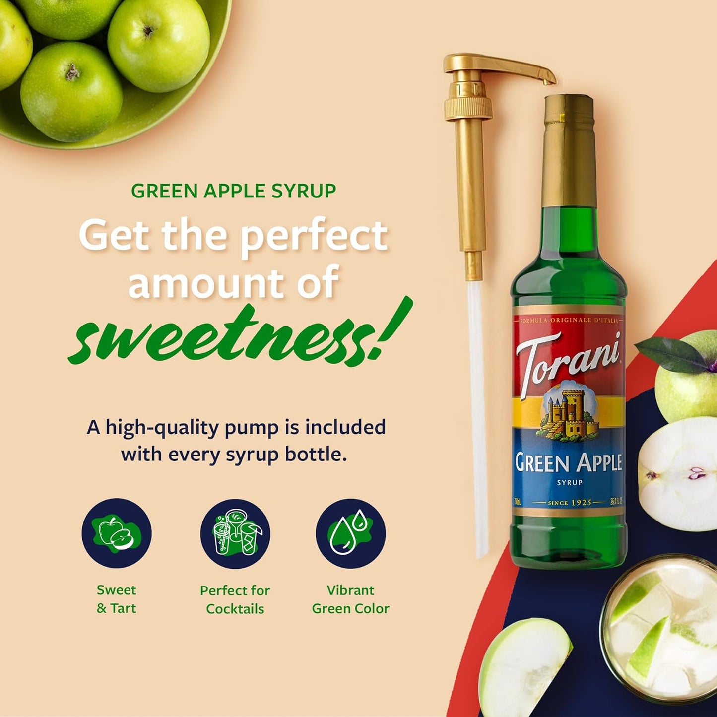 Torani Green Apple Syrup for Drinks, Flavoring for Sodas and Cocktails, Pump Included, 25.4 Oz