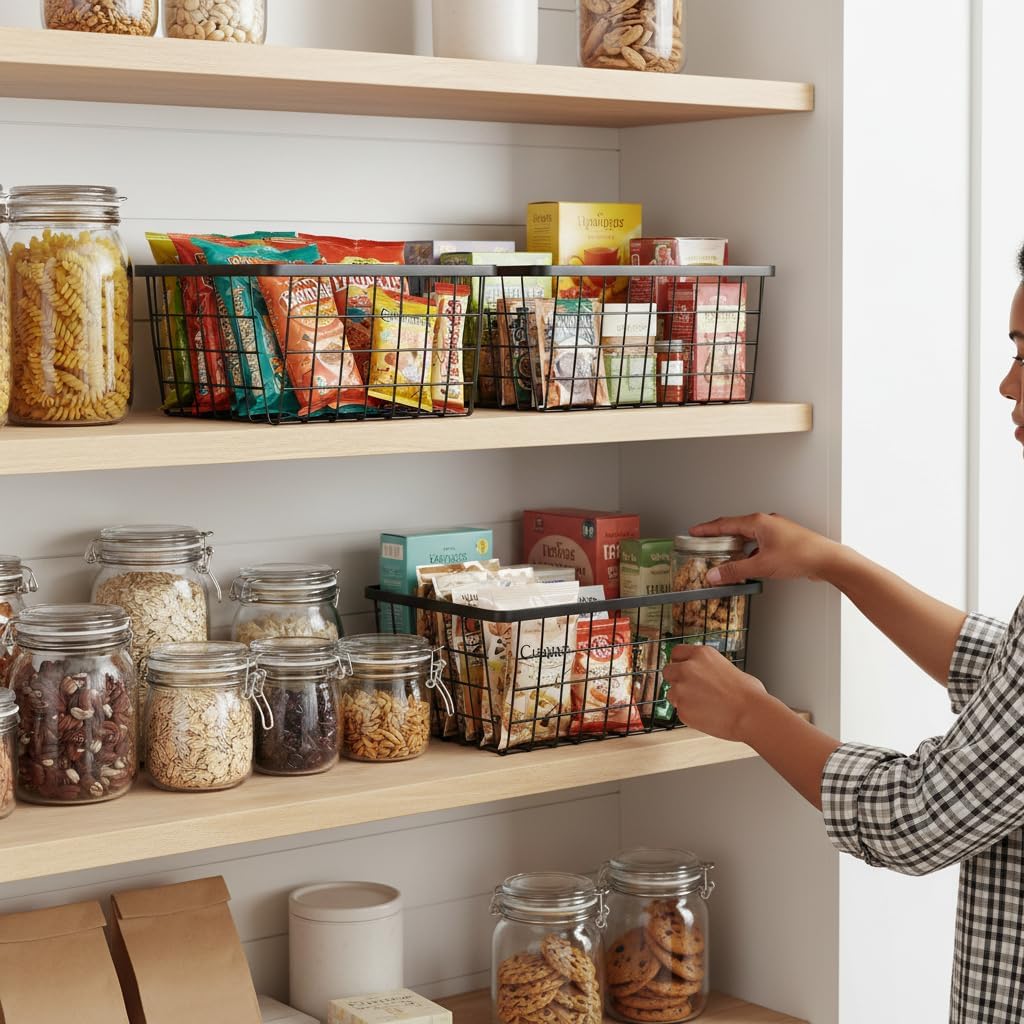 Kitchen Metal Wire Baskets with Handles Food Storage Organizer, Household Refrigerator for Cabinets,Pantry,Bathroom,Black,4 Pack