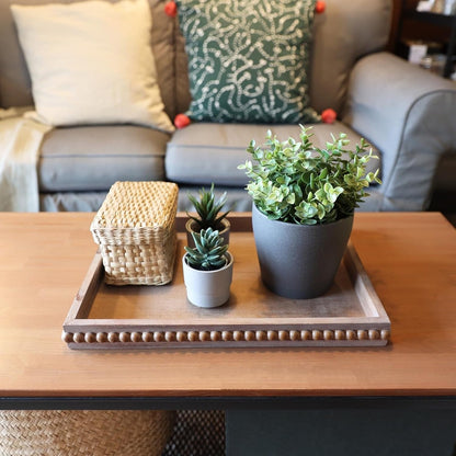 Wood Decorative Tray, Distressed Outdoor Serving Tray with Wooden Bead for Ottoman, Coffee Table, Entertaining, Home Decor, Rectangular 15.7”*11.8”*1.57” (Retro Brown)