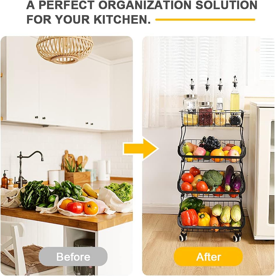 Miyawell Fruit Vegetable Storage Basket, 4 Tier Stackable Metal Wire Storage Baskets with Wheels, Fruit Vegetable Produce Basket Organizer Bins for Kitchen, Pantry, Bathroom