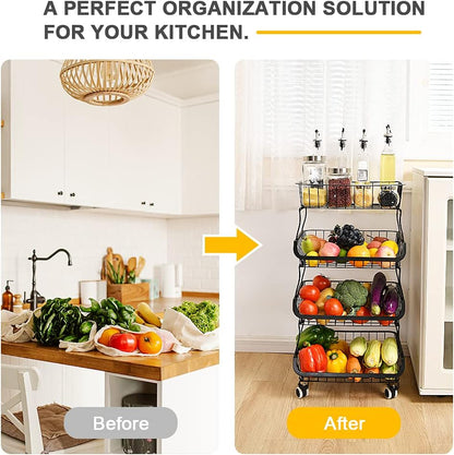 Miyawell Fruit Vegetable Storage Basket, 4 Tier Stackable Metal Wire Storage Baskets with Wheels, Fruit Vegetable Produce Basket Organizer Bins for Kitchen, Pantry, Bathroom