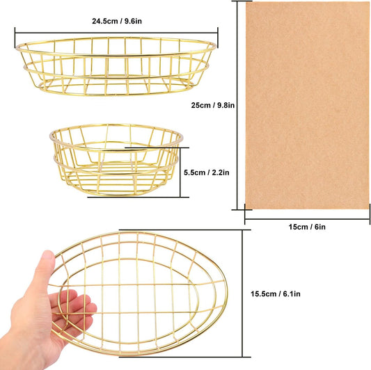12 Pack Oval Wire Bread Basket, 9.65 x 6.1 x 2.17 Inch Metal Fast Food Baskets with 50 Sheets Deli Wrappers Paper, Metal Dinner Roll Baskets for Home & Kitchen, Serving and Storage(Golden)