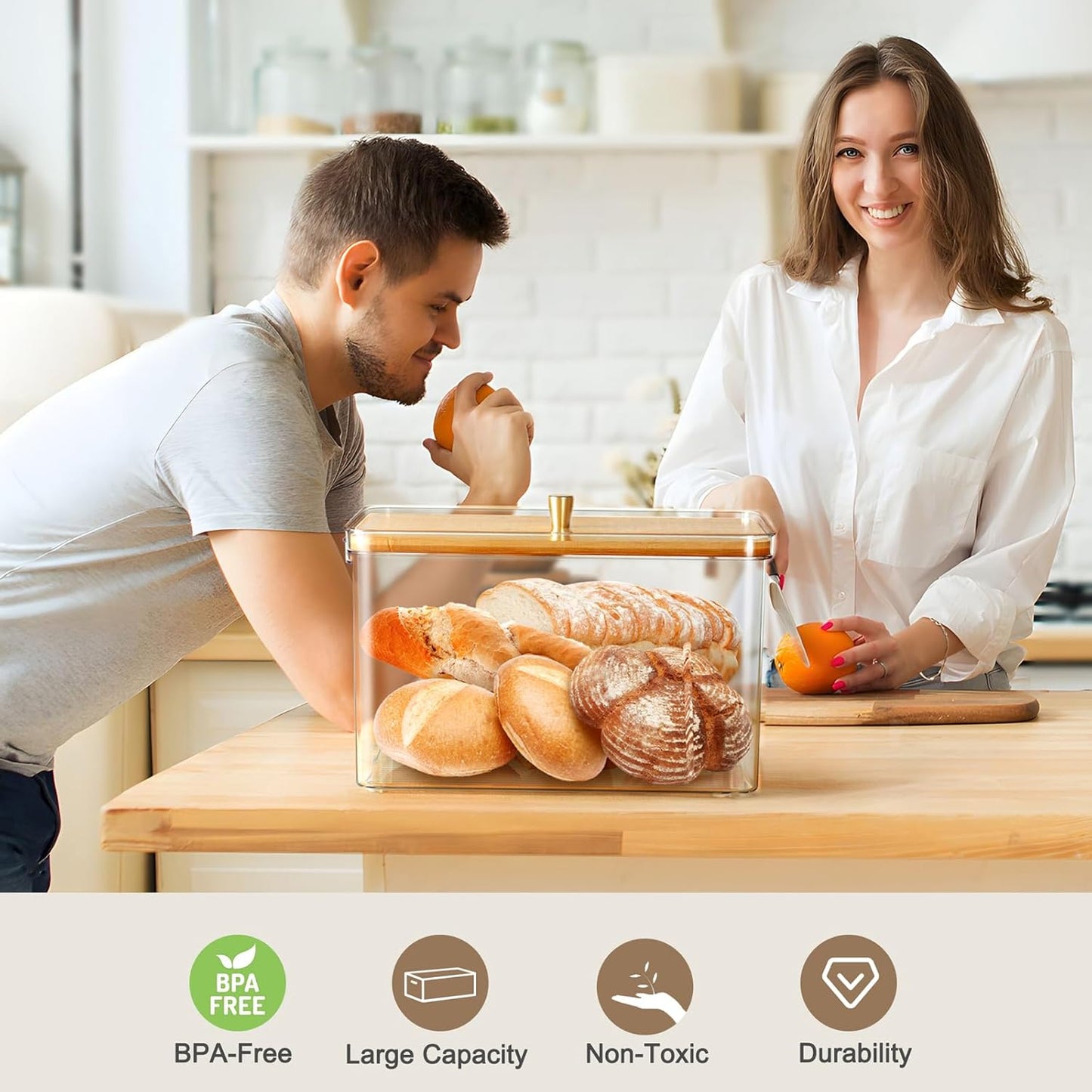 Hudgan Breadbox for Kitchen Countertop, Bread Storage Container with Bamboo Lid for Homemade Bread,Toast, Bagel, Donut, Cookies and Baguette, Large Corner Breadbox Keeper for Muffin