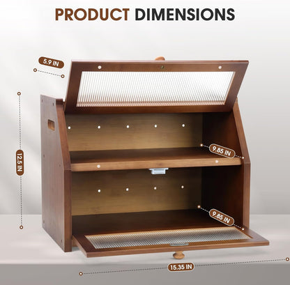 Large Bread Box for Kitchen Countertop, Wooden Bread Bin with Double Layer Storage and 0.6-inch Thick Natural Wood Panels, Rustic Bread Box Organizer for Kitchen (Retro Brown)