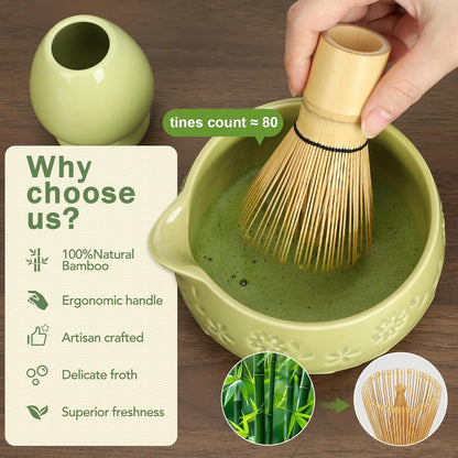 Matcha Whisk Set, Ceramic Bowl with Spout, Bamboo Matcha Whisk & Spoon, Chasen Holder, Scoop Rest, Sifter, 8-Pcs Japanese Matcha Powder Kit–Gift for Ceremony & Matcha Lovers-Matcha Green