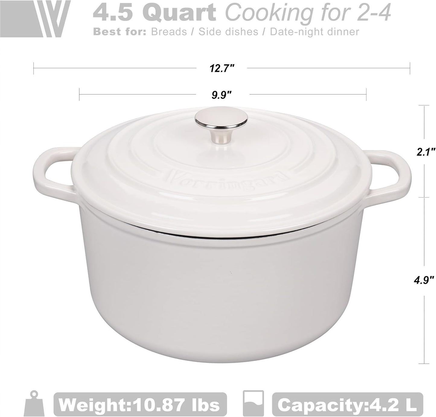 Enameled Cast Iron Dutch Oven Pot with Lid, for Sourdough Bread Baking, Round Dutch Ovens, 4.5 Quart, White