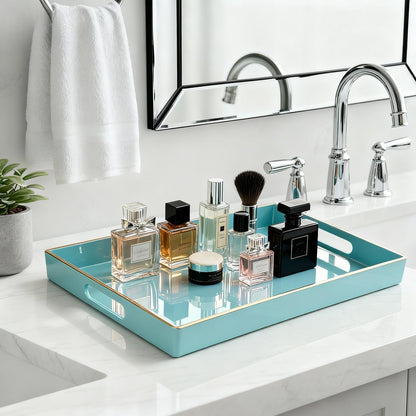 Zosenley Decorative Plastic Serving Tray with Handles, Modern Vanity Organizer for Bathroom, Kitchen, Ottoman and Coffee Table (Blue, Rectangular)