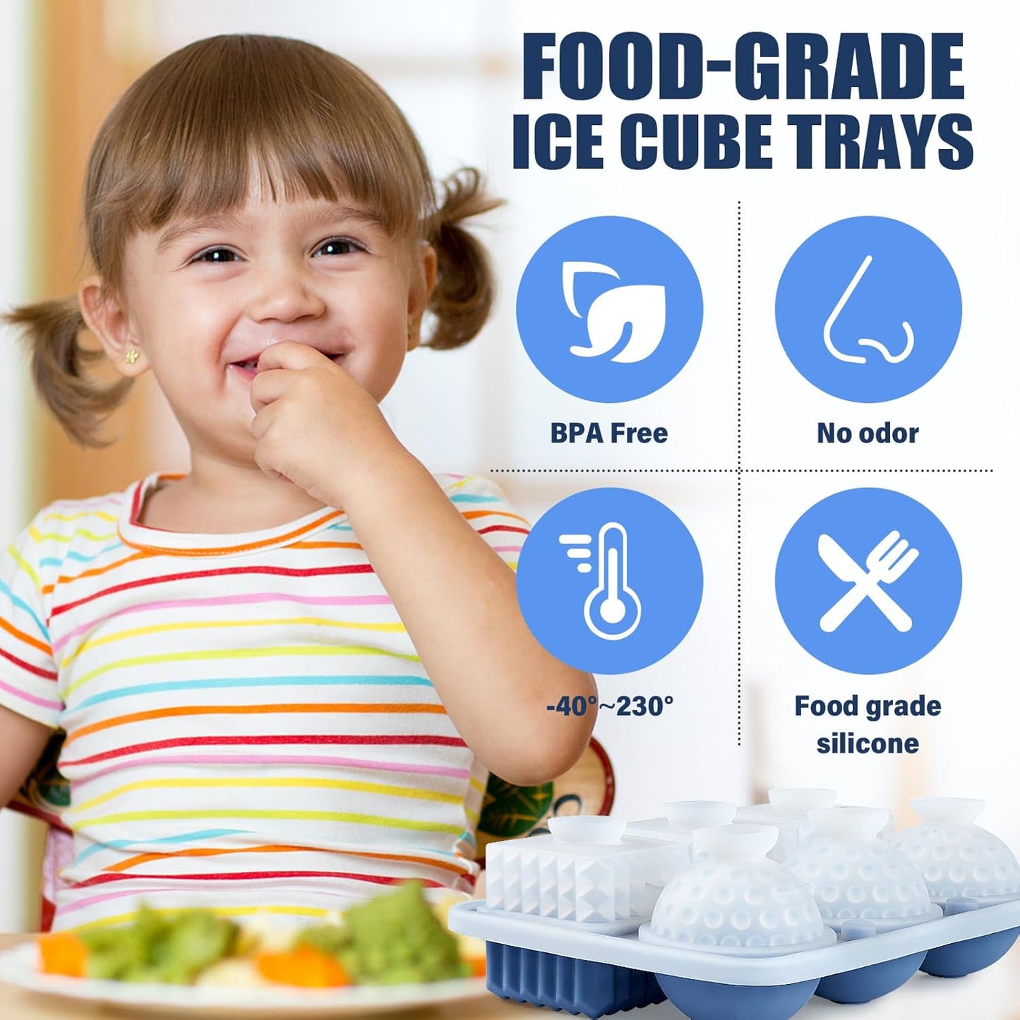 Acomler Large Silicone Ice Cube Tray, 3 Big Crystal Cubes & 3 Sphere Golf Ice Tray, BPA Free Ball Ice Molds, Ice Cube Mold with Funnel for Whiskey, Cocktails, 6 Holes Fun Shape Ice Maker Mold (Blue)