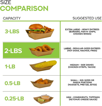 [250 Pack] Large Disposable Brown Kraft Paper Food Trays, 2-Lb Concession Tray, Serving Boats for Party Snacks, Taco Bar, Seafood, Nachos Plates