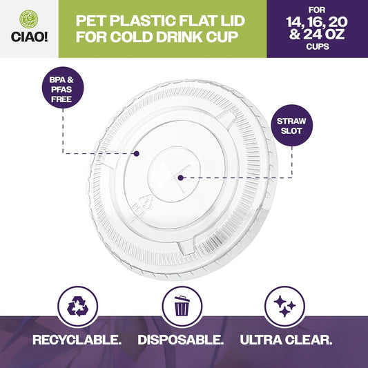 CIAO! PET Flat Lid with Straw Slot, Designed and Fit for 14OZ/16OZ/20OZ/24OZ PET Cold Drink Cups, 98mm (Case of 1,000)