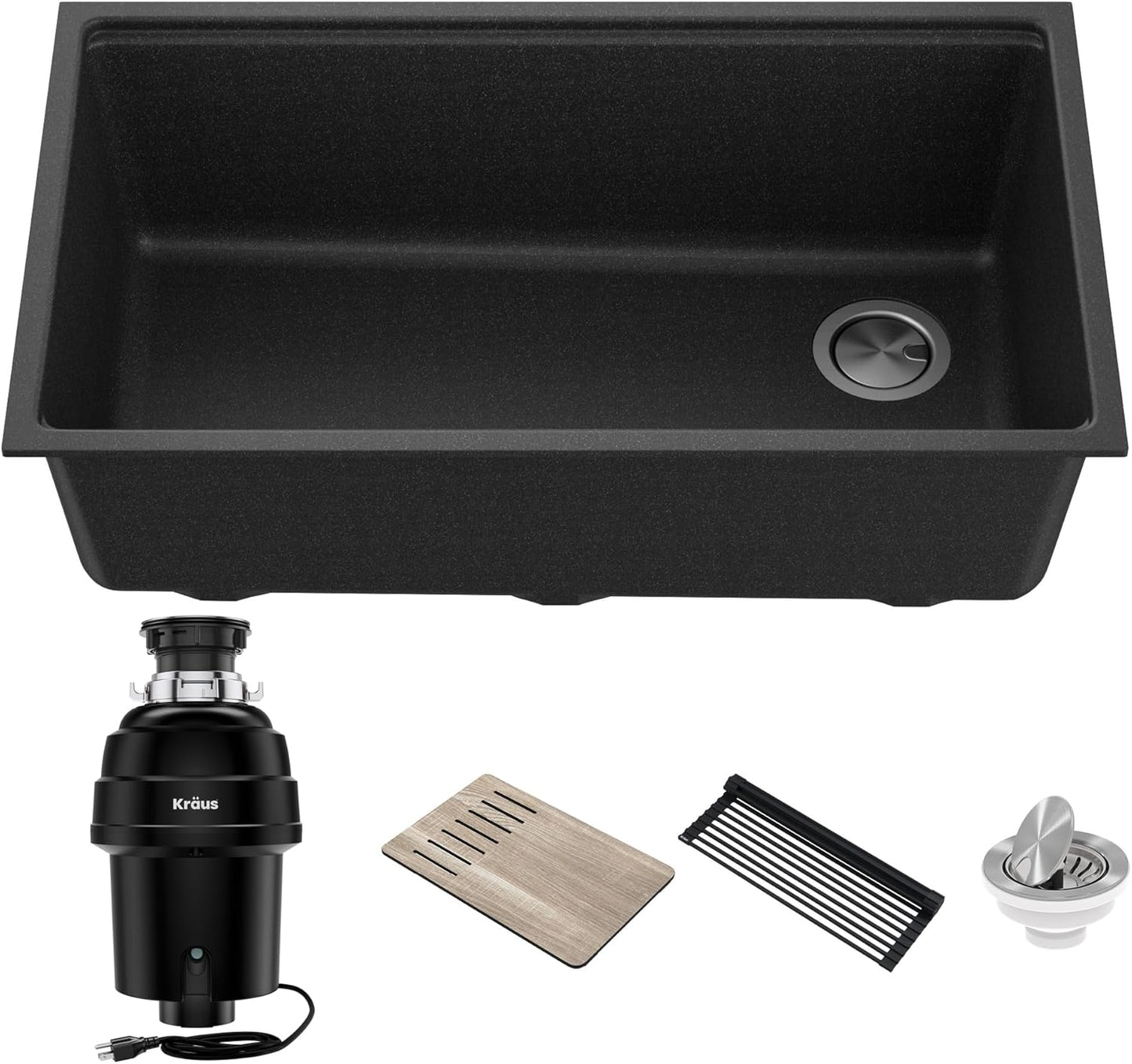 Kraus KGUW2-33MB-100-100, Bellucci Workstation 32 in. Undermount Granite Composite Single Bowl Kitchen Sink in Metallic Black with WasteGuard 1 HP Continuous Feed Garbage Disposal and Accessories