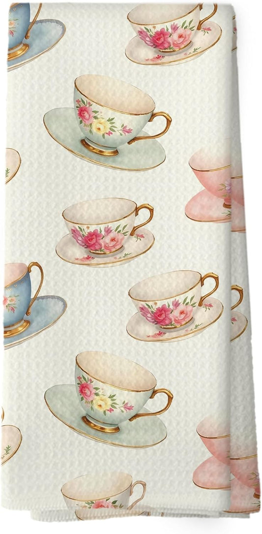Vintage Spring Floral Teacups Kitchen Dish Towels, Retro French Garden Tea Lover Gifts, Coffee Cup Kitchen Decor, Roses Flower Hand Towels Kitchen Tea Towels Decorations, 16x24inch