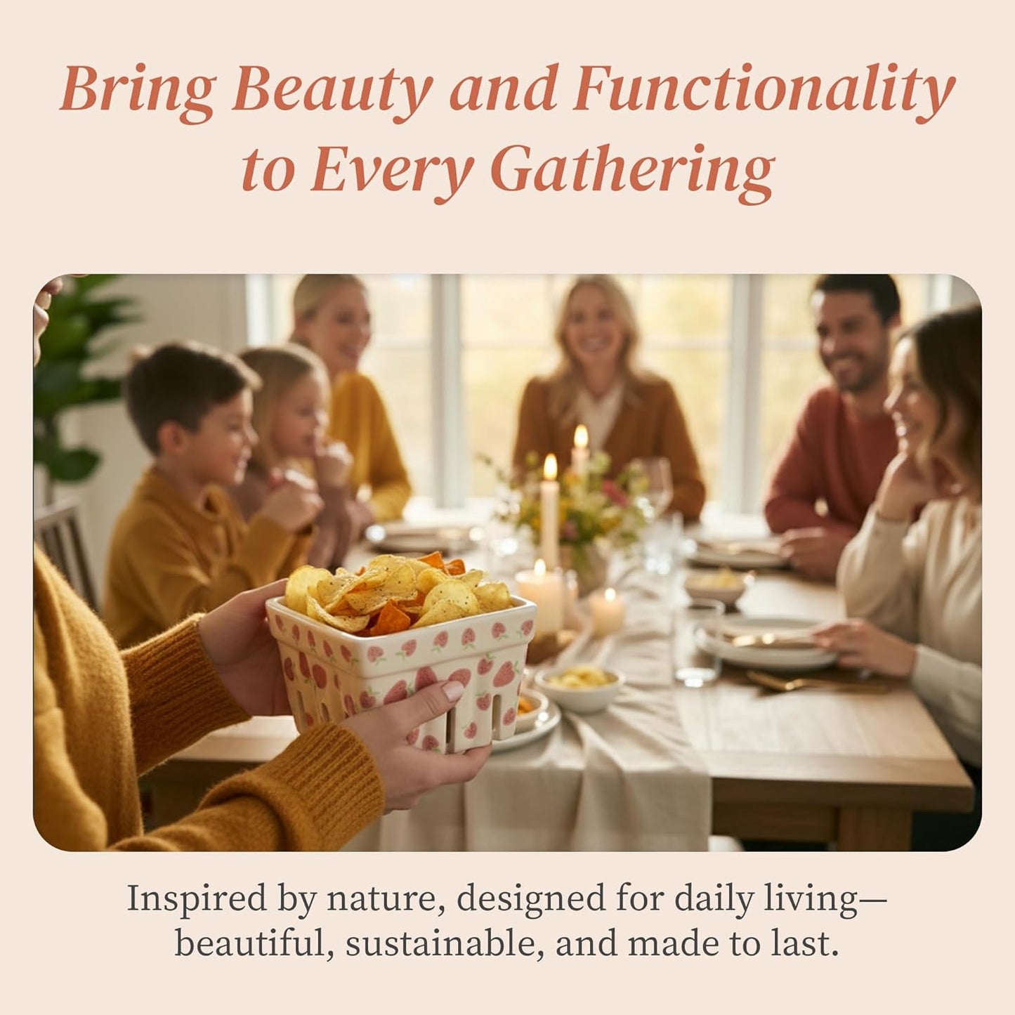 Ceramic Berry Basket, Farmhouse Colander, Strawberry Decor, Fruit Bowls, Fruit Baskets, Kawaii Strawberry Kitchen bowl, Pink White and Cute Strawberry pattern Stoneware Harvest Square Bowls Set of 4