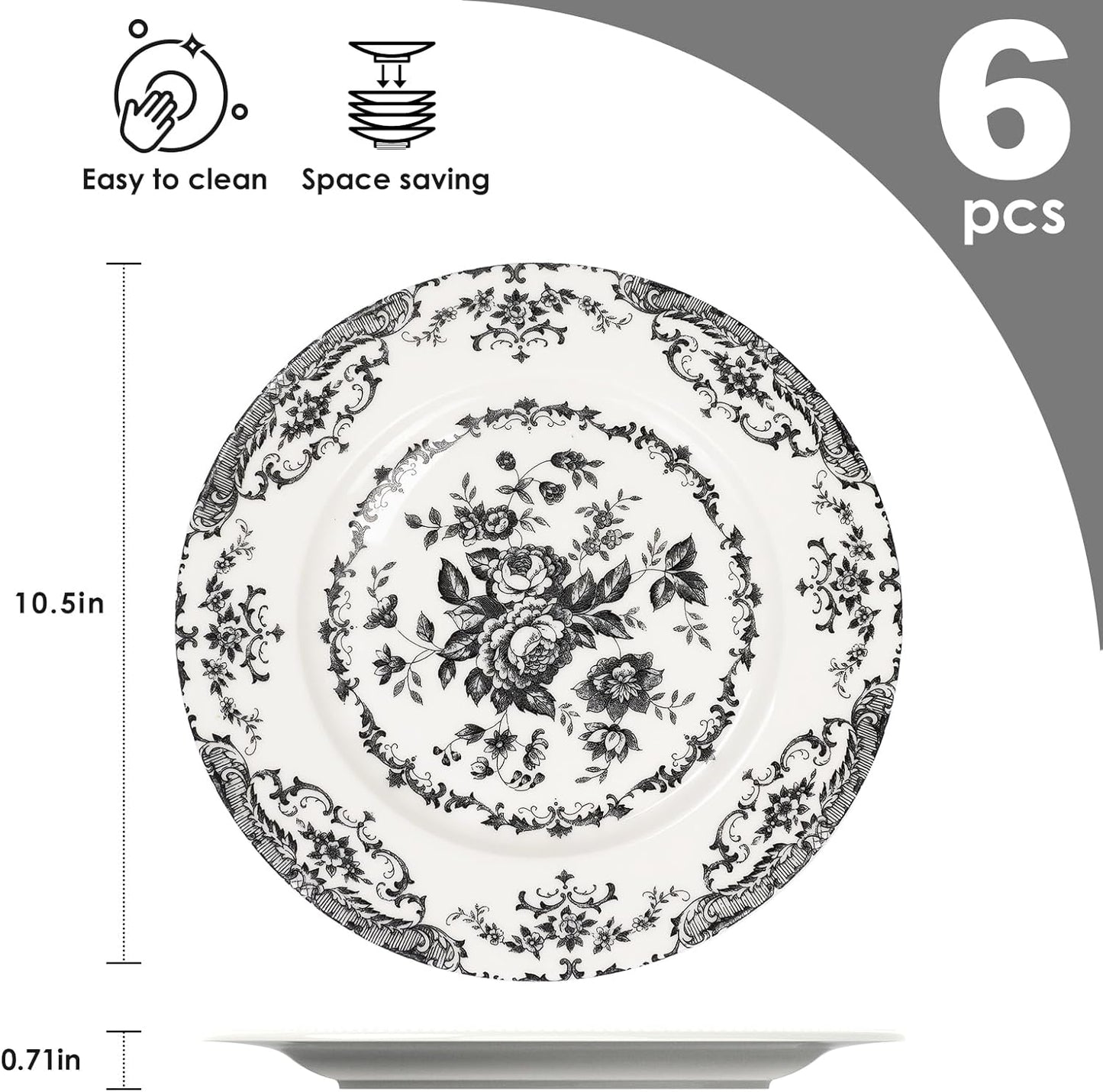 Dinner Plates Set of 6, Ceramic Kitchen Plates Microwave Safe Plates, 10.5 Inch Porcelain Dinner Plates Floral, Black