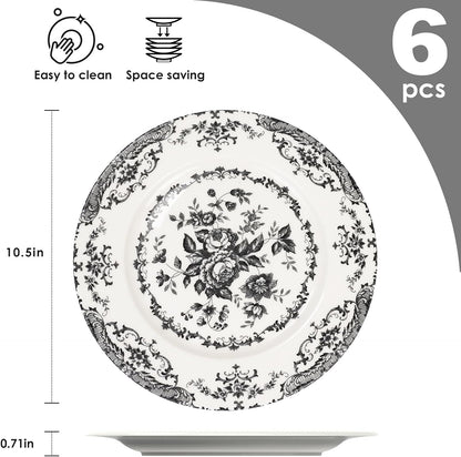 Dinner Plates Set of 6, Ceramic Kitchen Plates Microwave Safe Plates, 10.5 Inch Porcelain Dinner Plates Floral, Black
