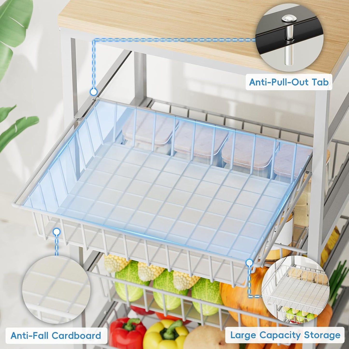Snack Cart, 5-Tier Kitchen Carts on Wheels with Storage,Fruit Basket Stand with Pull-Out Baskets and Wood Top,Kitchen Organizer for Fruit Vegetable Snack (Oak Beige)