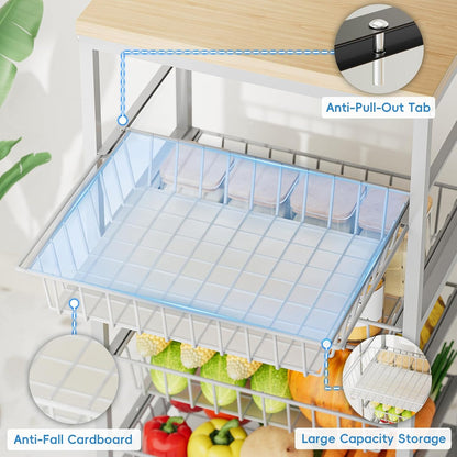 Snack Cart, 5-Tier Kitchen Carts on Wheels with Storage,Fruit Basket Stand with Pull-Out Baskets and Wood Top,Kitchen Organizer for Fruit Vegetable Snack (Oak Beige)