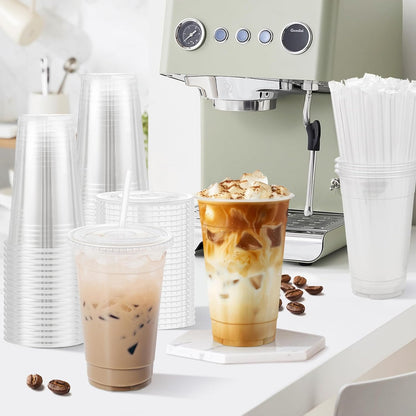 100 Pack 20 oz Plastic Cups with Lids and Straws Sturdy Food Safe Iced Clear Coffee Cups Disposable Smoothie Cups for Cold Drinks