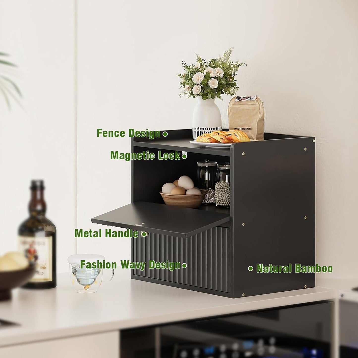 Rustic Bread Box for Kitchen Countertop Bamboo Bread Storage Container Bin Double Layer BreadBox Farmhouse Large Capacity Food Organizer Black