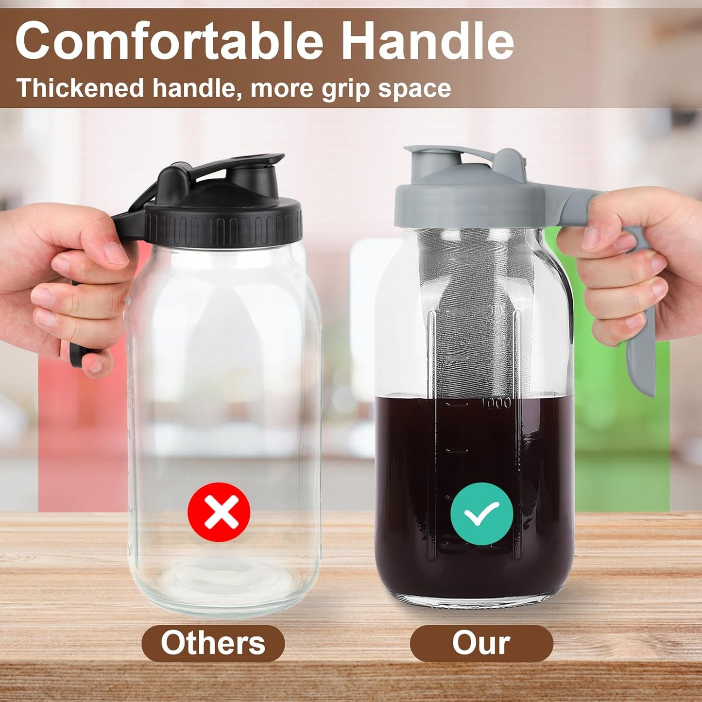 Cold Brew Coffee Maker Pitcher,64 Oz Heavy Duty Glass Mason Jar Pitcher with V-shaped Pour Spout Handle Lid,Stainless Steel Filter for Iced Coffee,Iced tea,Fruit Drinks,lemonade - Gray