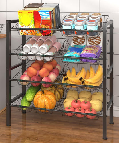 4-Tier Kitchen Storage Rack, Metal Pantry Storage Stand, Fruit Basket Stand with 8 Fruit Vegetable Baskets, Freestanding Snack Organizer Shelf Unit for Living Room, Office, Apartment, Black